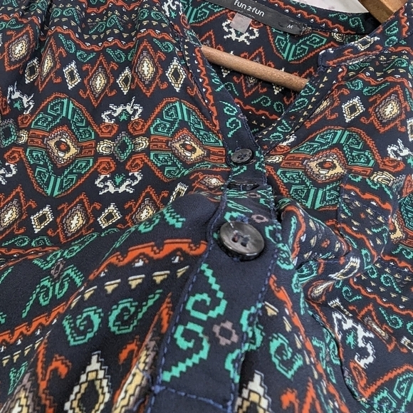 Mod Cloth Fun2Fun Blouse Women Medium Boho Tribal Navy Green Peasant Aztec Sheer - Picture 10 of 12